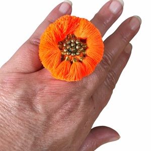 Shiraleah Anthropologie Ring Fringe Kali Neon Orange Tassel Flower Wood Beads